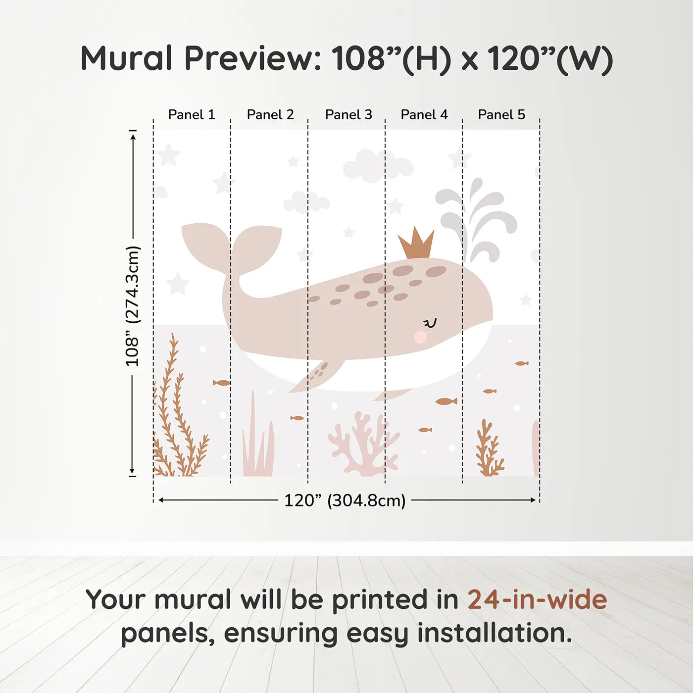 Whimsy Tots Crowned Whale Wall Muraldimension view (108" H x 120" W). Printed in five 24-inch-wide panels. Gender-Neutral