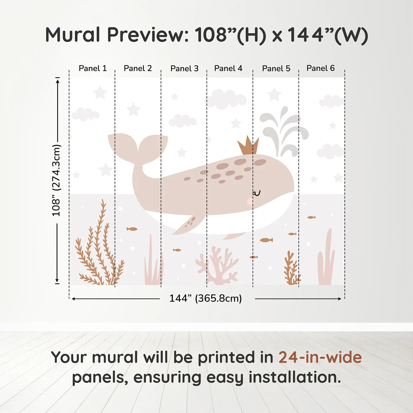 Whimsy Tots Crowned Whale Wall Muraldimension view (108" H x 144" W). Printed in six 24-inch-wide panels. Gender-Neutral