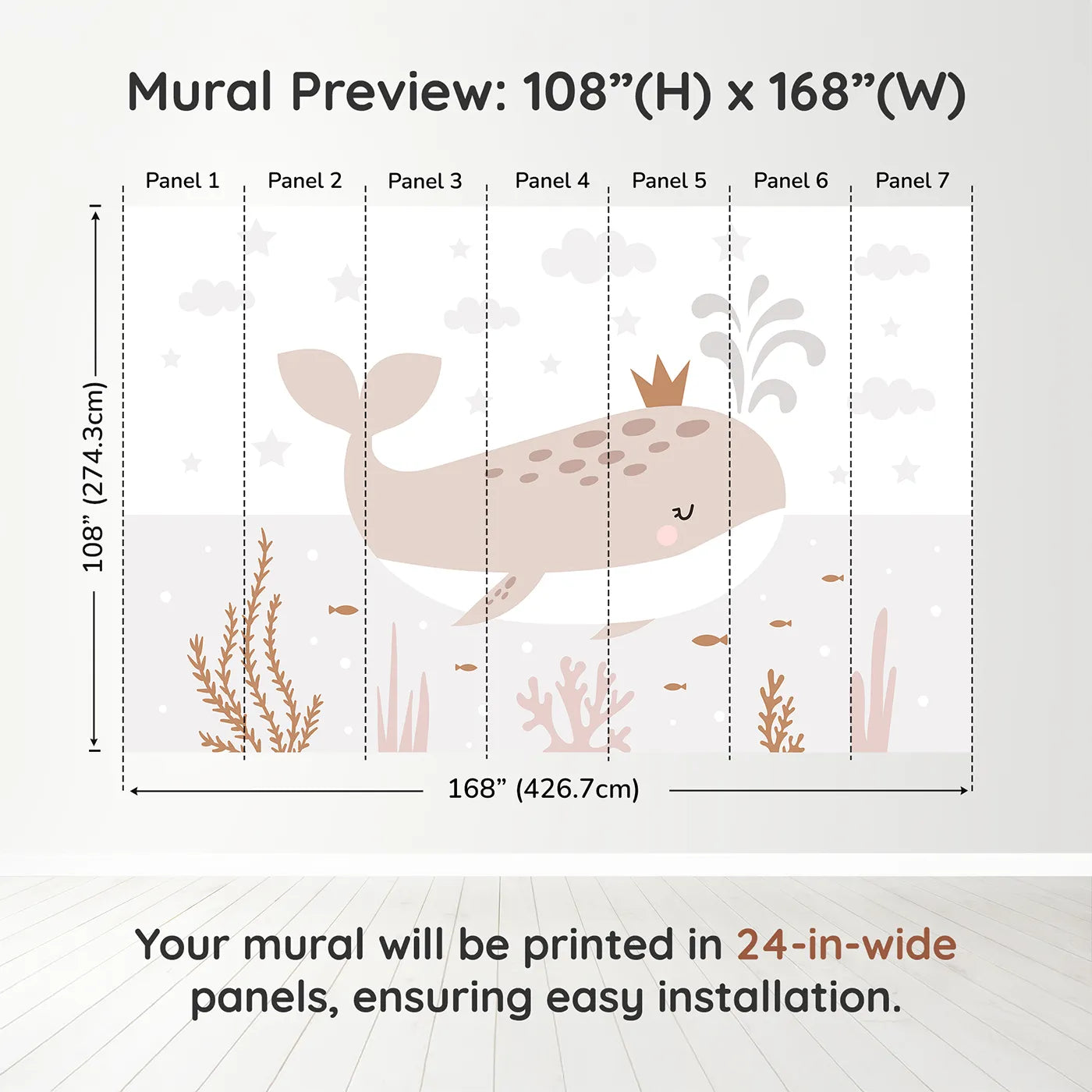 Whimsy Tots Crowned Whale Wall Muraldimension view (108" H x 168" W). Printed in seven 24-inch-wide panels. Gender-Neutral