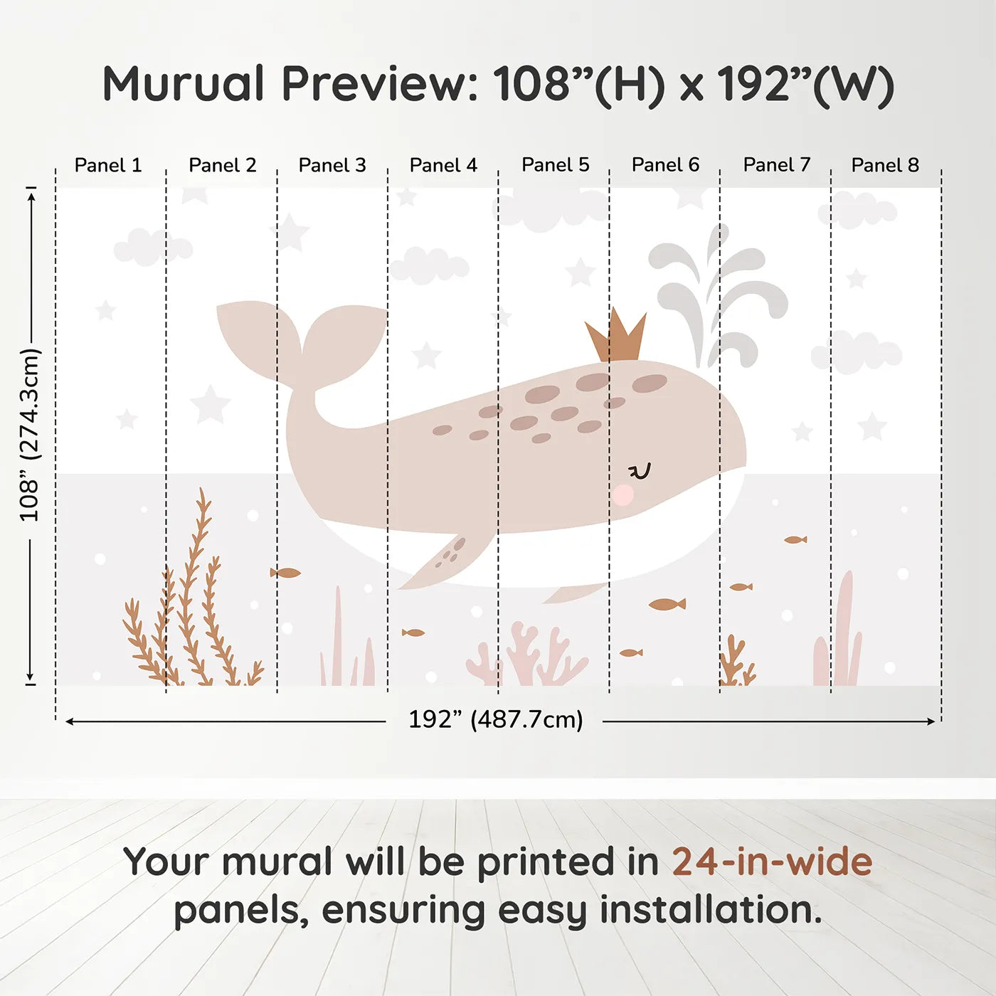 Whimsy Tots Crowned Whale Wall Muraldimension view (108" H x 192" W). Printed in eight 24-inch-wide panels. Gender-Neutral