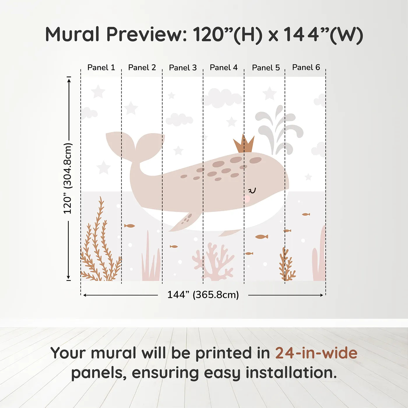 Whimsy Tots Crowned Whale Wall Muraldimension view (120" H x 144" W). Printed in six 24-inch-wide panels. Gender-Neutral