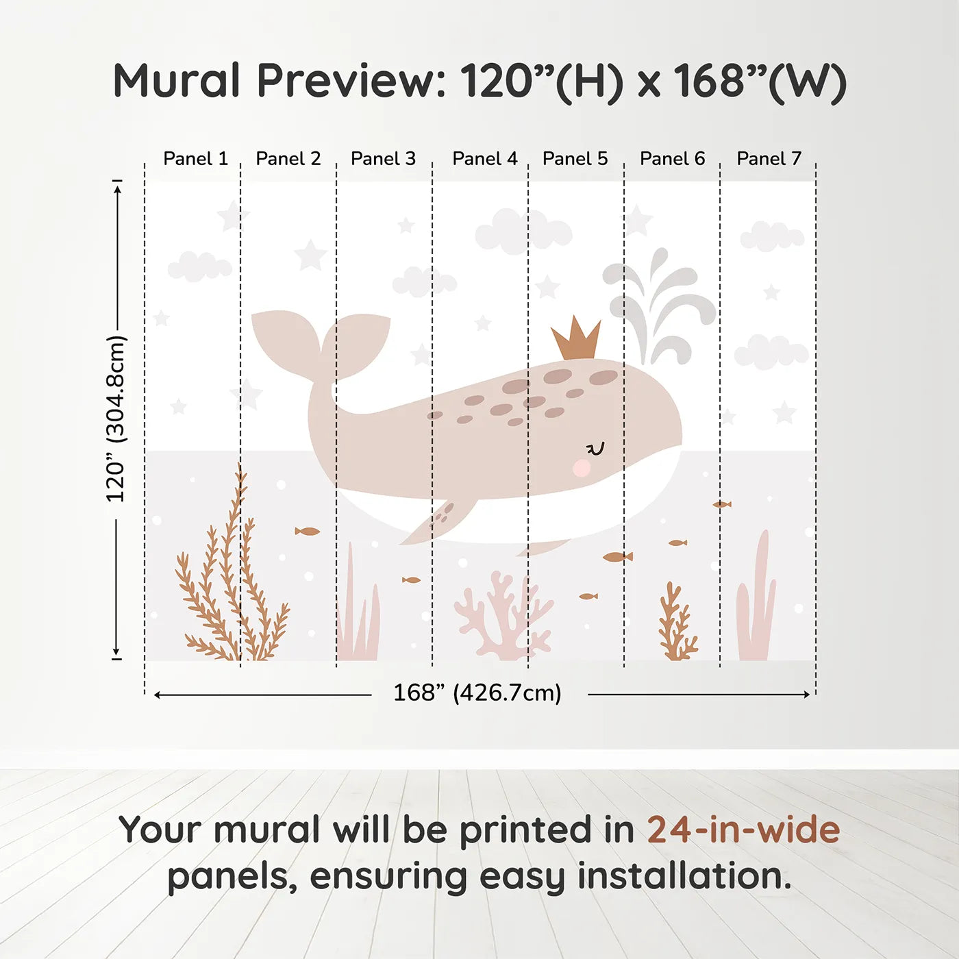 Whimsy Tots Crowned Whale Wall Muraldimension view (120" H x 168" W). Printed in seven 24-inch-wide panels. Gender-Neutral