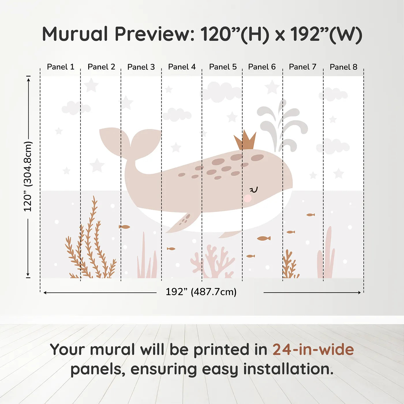 Whimsy Tots Crowned Whale Wall Muraldimension view (120" H x 192" W). Printed in eight 24-inch-wide panels. Gender-Neutral