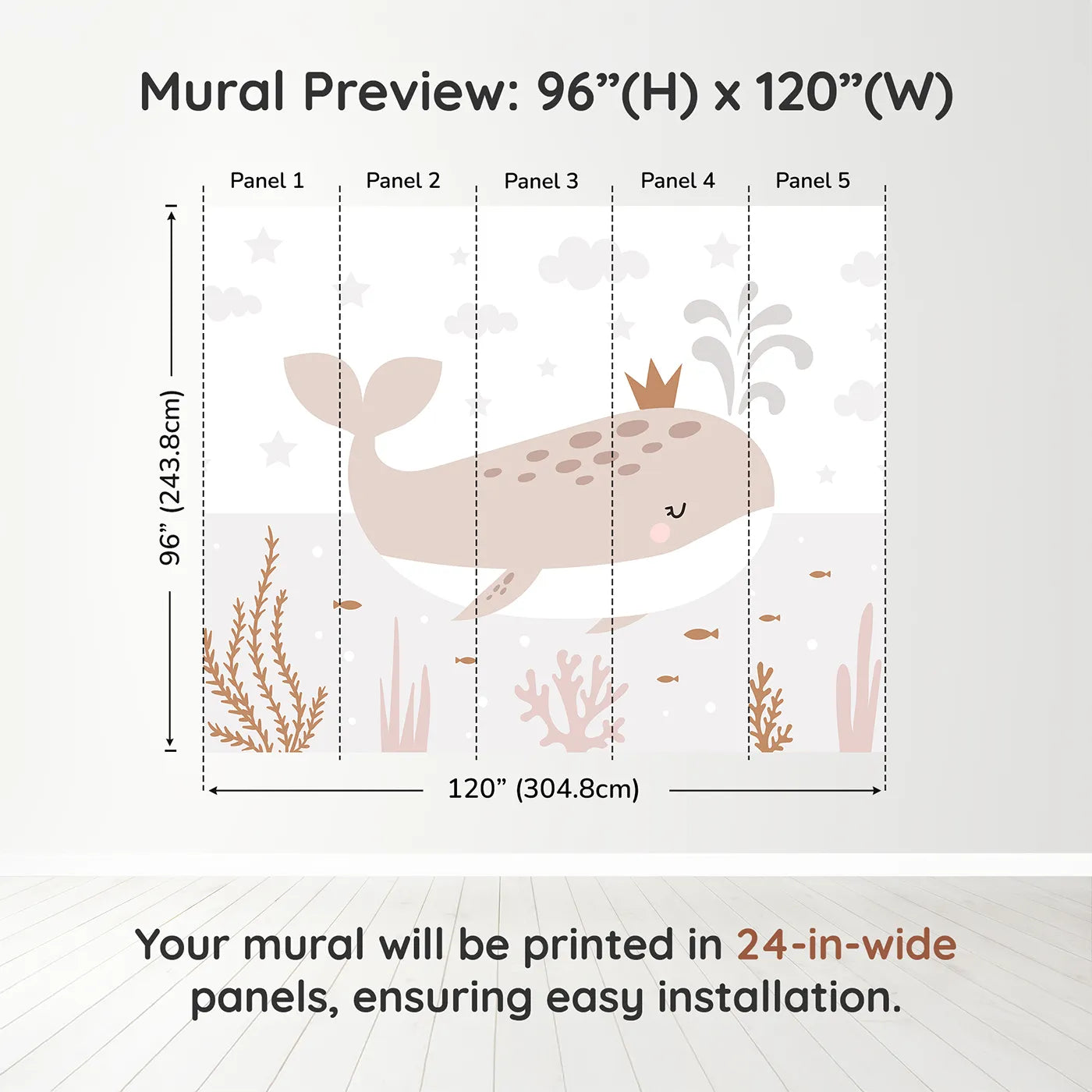 Whimsy Tots Crowned Whale Wall Muraldimension view (96" H x 120" W). Printed in five 24-inch-wide panels. Gender-Neutral