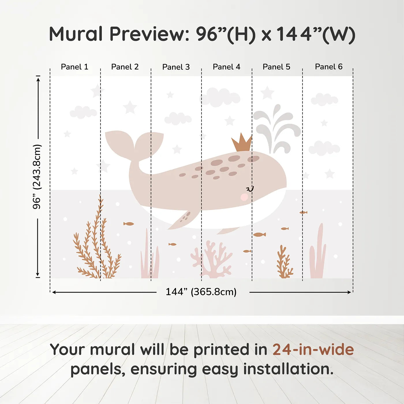 Whimsy Tots Crowned Whale Wall Muraldimension view (96" H x 144" W). Printed in six 24-inch-wide panels. Gender-Neutral