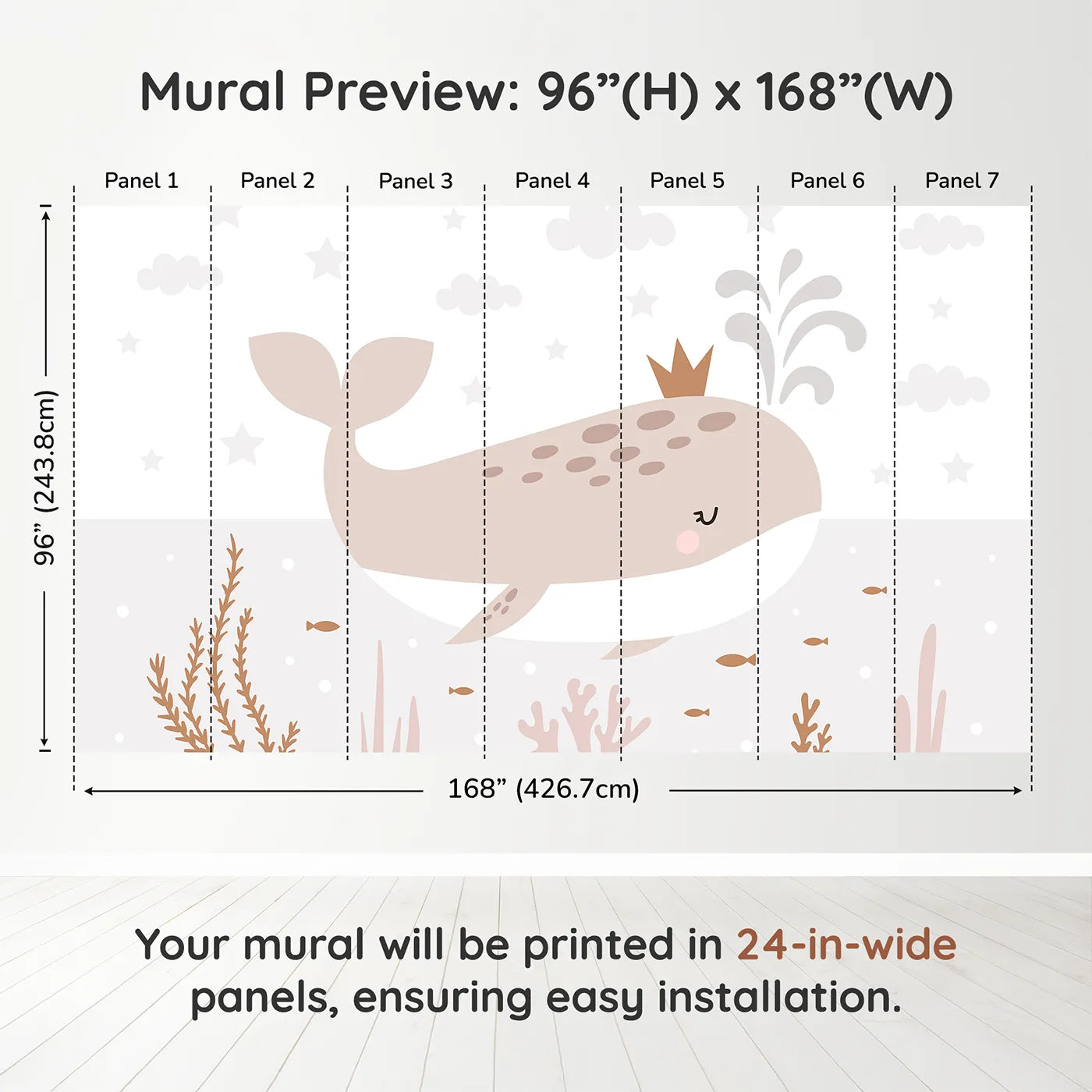 Whimsy Tots Crowned Whale Wall Muraldimension view (96" H x 168" W). Printed in seven 24-inch-wide panels. Gender-Neutral