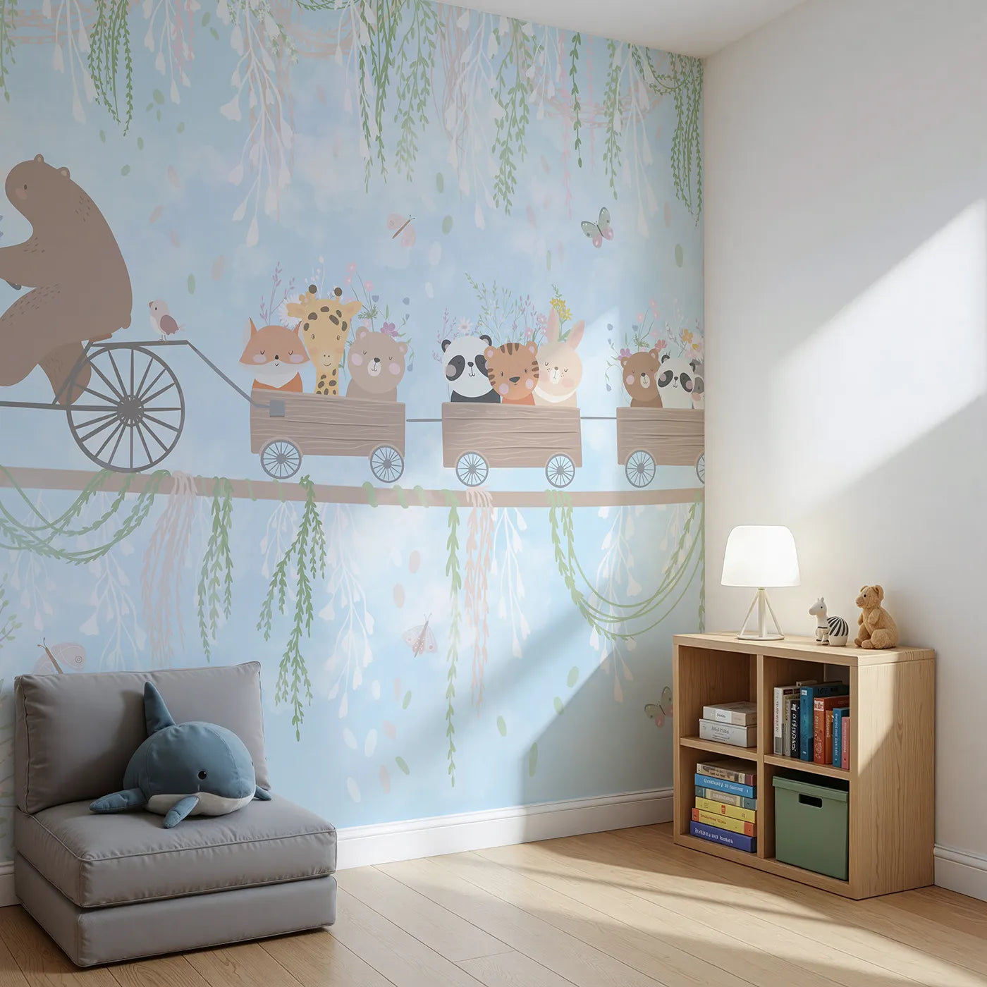Angled view of Whimsy Tots' Animal Friendship Train Wall Mural (Turn Their Room into the Sweetest, Most Whimsical Journey).Gender-Neutral
