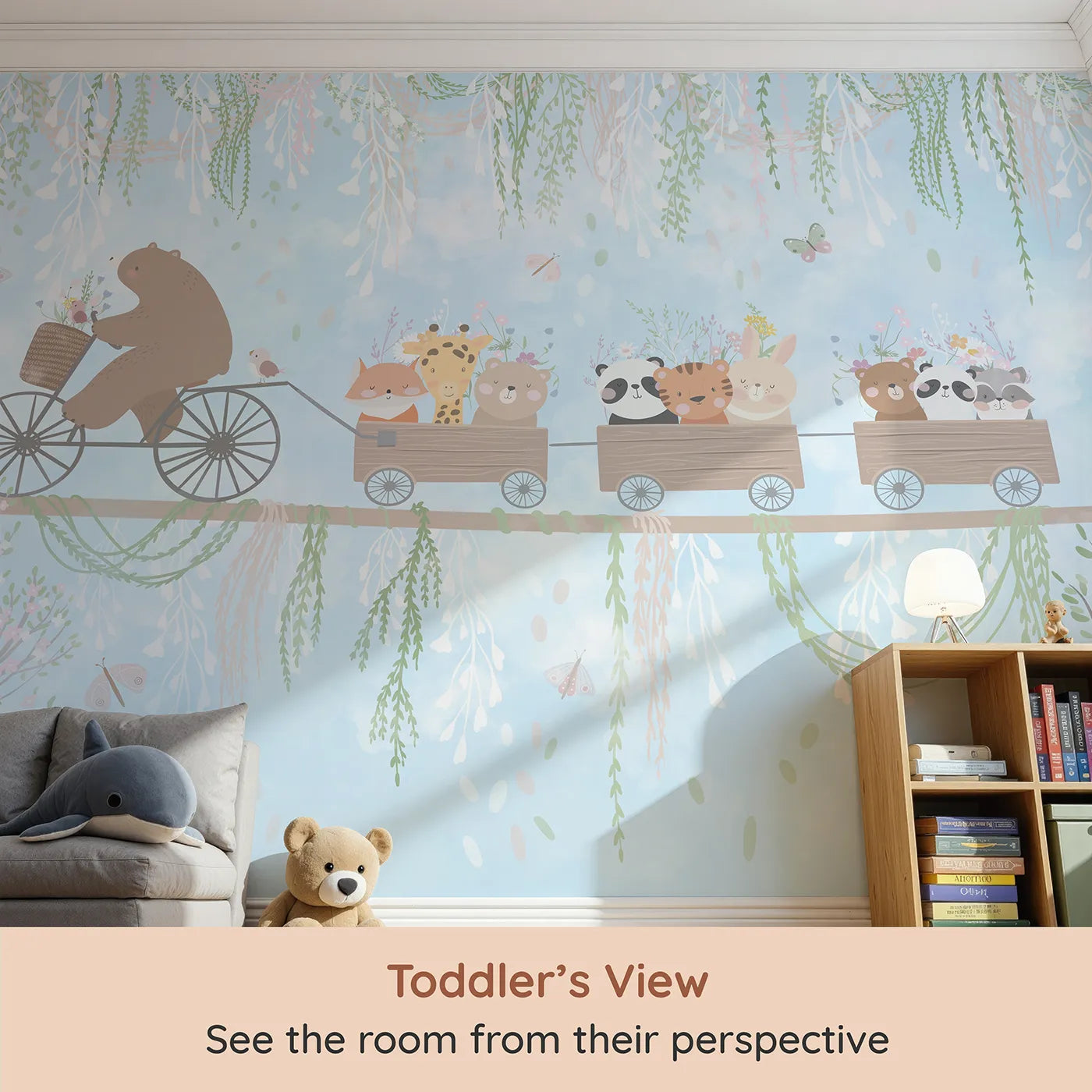 Whimsy Tots Animal Friendship Train Wall Mural (Turn Their Room into the Sweetest, Most Whimsical Journey) from your child's view.Gender-Neutral