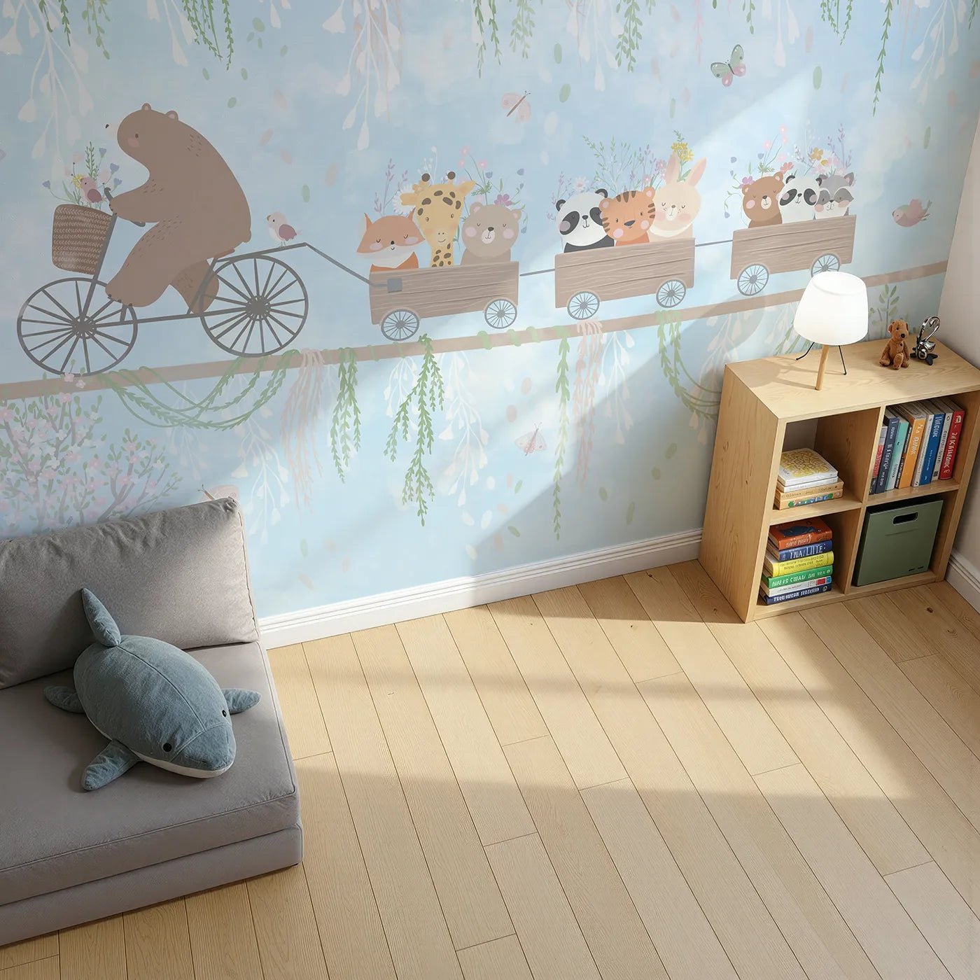 Top-down view of Whimsy Tots' Animal Friendship Train Wall Mural (Turn Their Room into the Sweetest, Most Whimsical Journey).Gender-Neutral