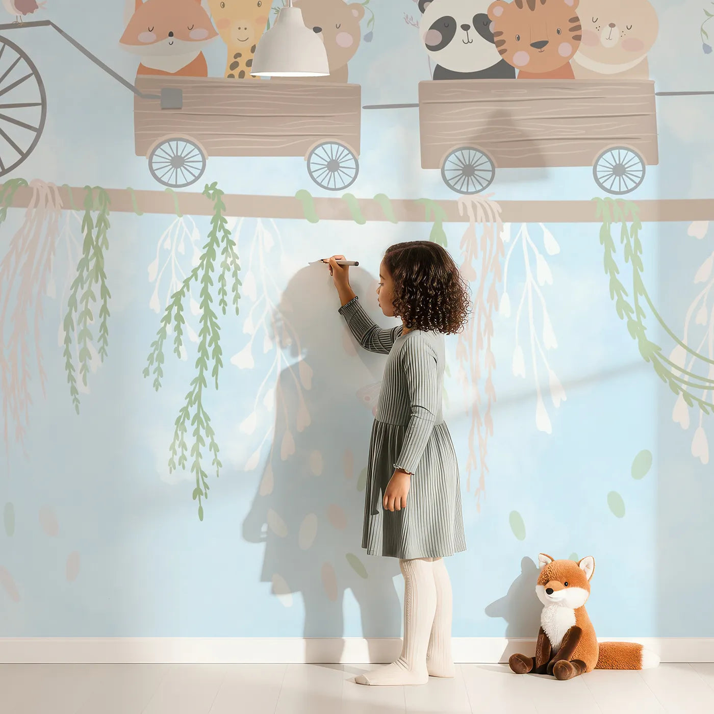Child in front of Whimsy Tots Animal Friendship Train Wall Mural with animal, train, cute, whimsical, blossom, flower, bear, friends in design.