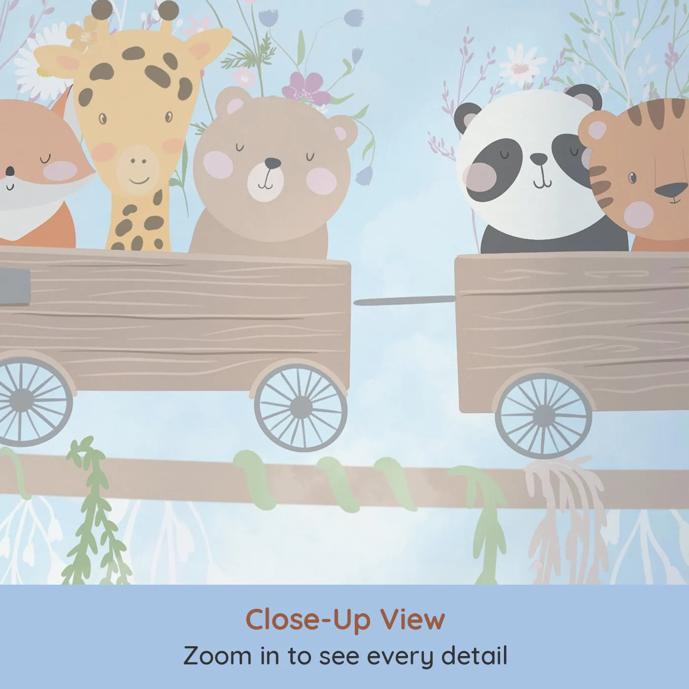 Close-up view of Whimsy Tots' Animal Friendship Train Wall Mural (Turn Their Room into the Sweetest, Most Whimsical Journey).Gender-Neutral