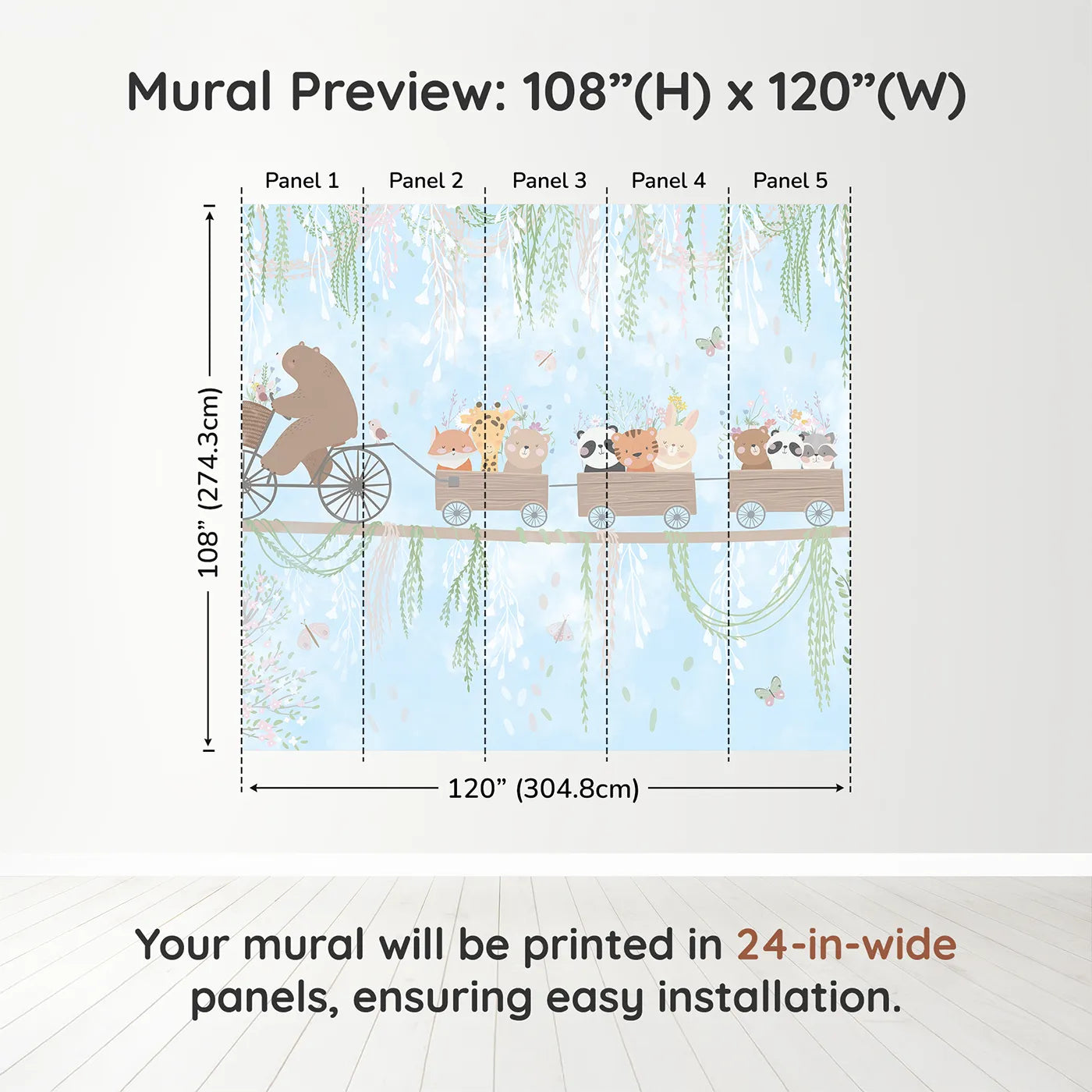 Whimsy Tots Animal Friendship Train Wall Muraldimension view (108" H x 120" W). Printed in five 24-inch-wide panels. Gender-Neutral