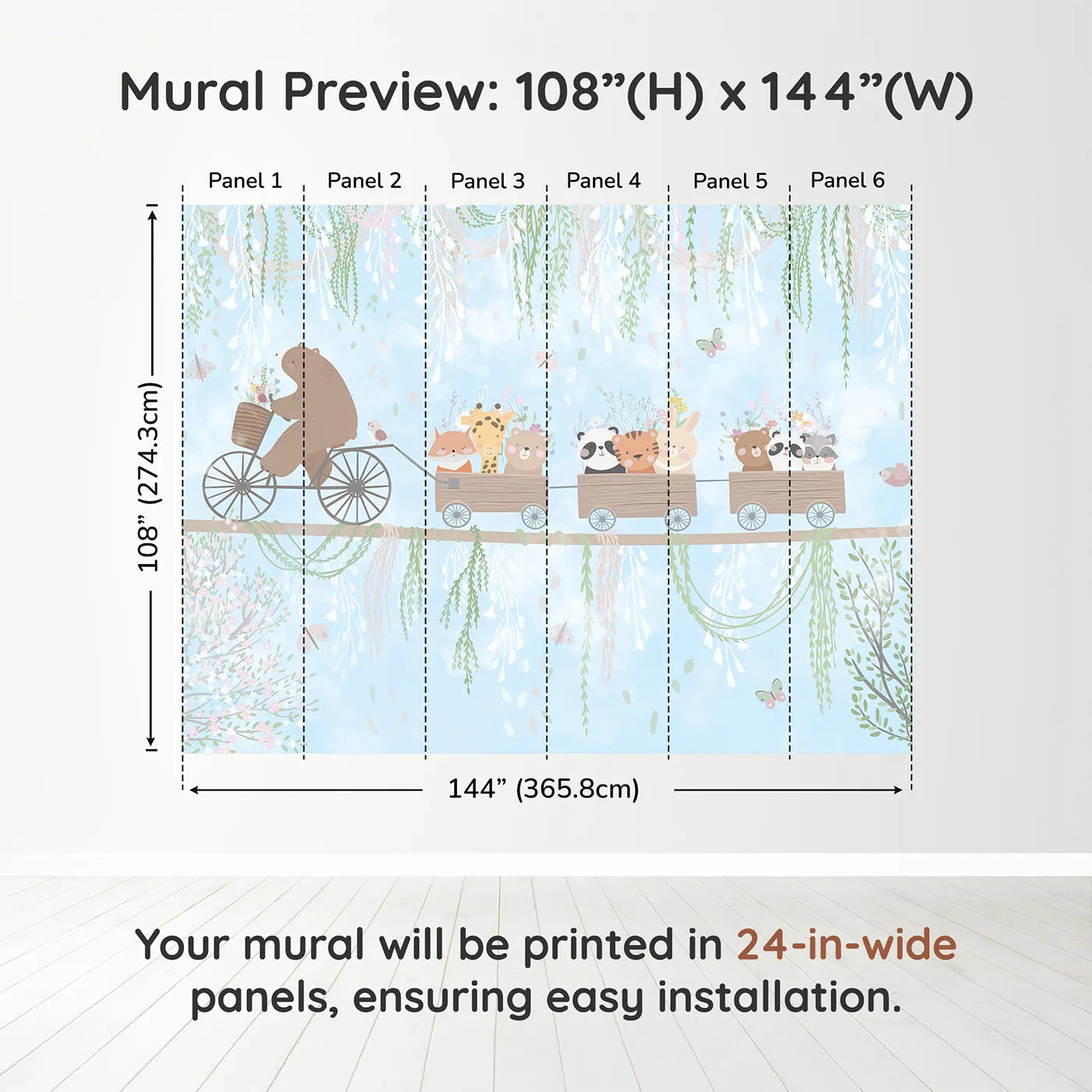 Whimsy Tots Animal Friendship Train Wall Muraldimension view (108" H x 144" W). Printed in six 24-inch-wide panels. Gender-Neutral