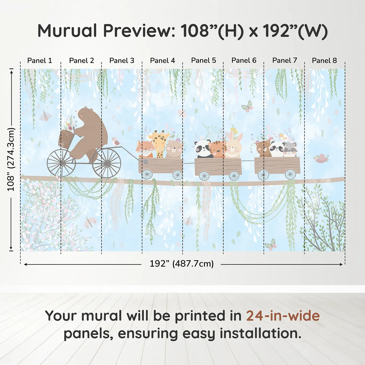 Whimsy Tots Animal Friendship Train Wall Muraldimension view (108" H x 192" W). Printed in eight 24-inch-wide panels. Gender-Neutral