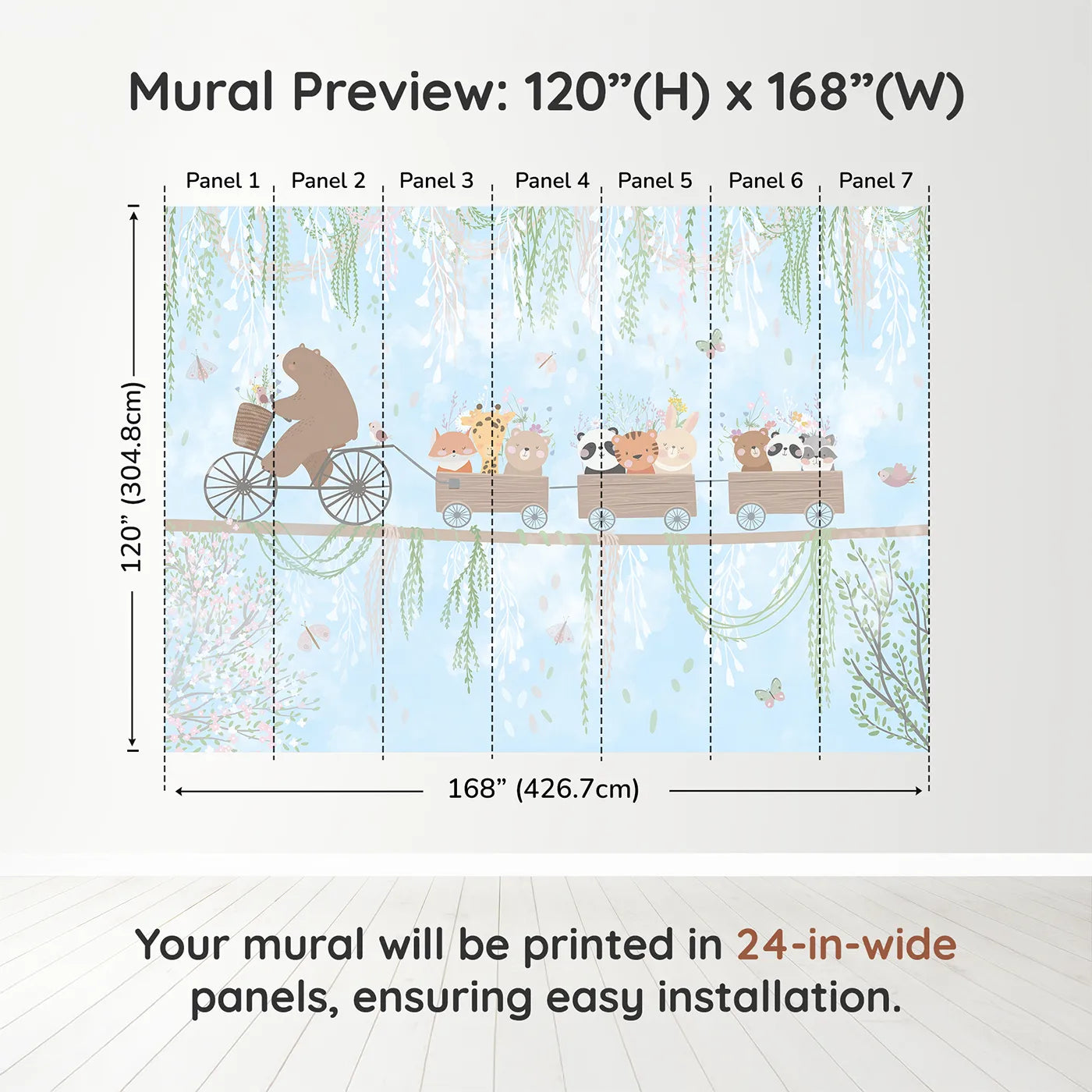 Whimsy Tots Animal Friendship Train Wall Muraldimension view (120" H x 168" W). Printed in seven 24-inch-wide panels. Gender-Neutral