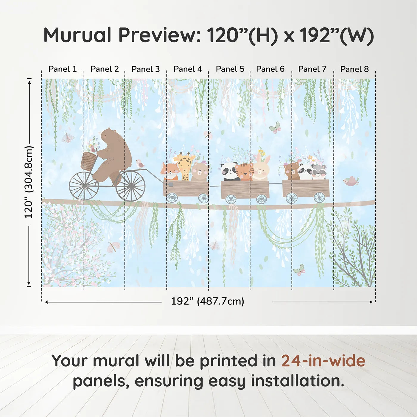 Whimsy Tots Animal Friendship Train Wall Muraldimension view (120" H x 192" W). Printed in eight 24-inch-wide panels. Gender-Neutral