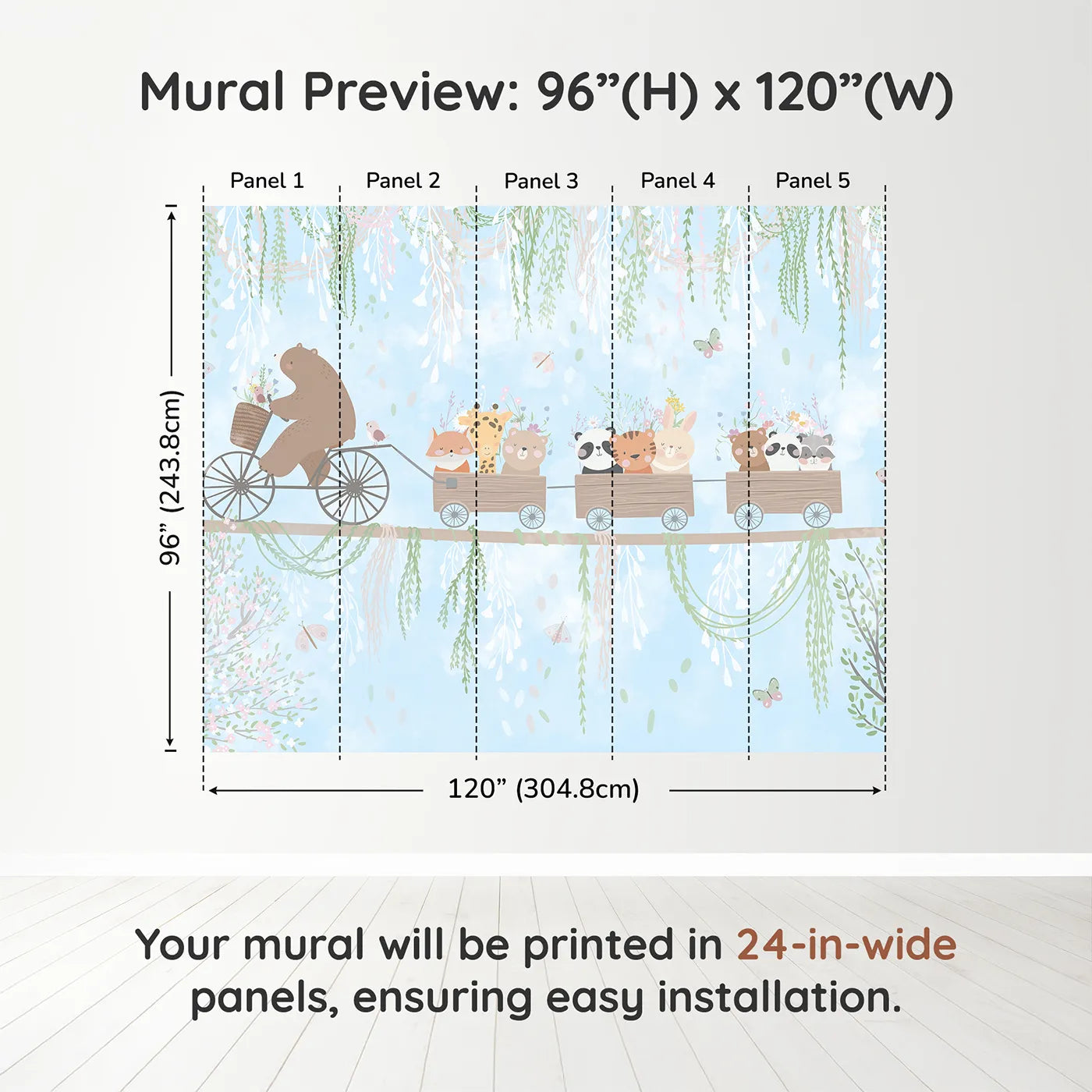 Whimsy Tots Animal Friendship Train Wall Muraldimension view (96" H x 120" W). Printed in five 24-inch-wide panels. Gender-Neutral
