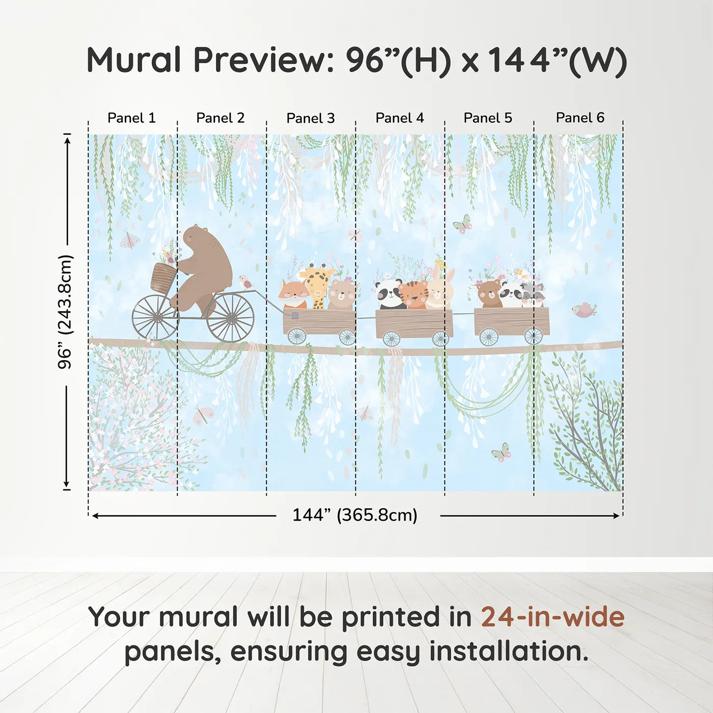 Whimsy Tots Animal Friendship Train Wall Muraldimension view (96" H x 144" W). Printed in six 24-inch-wide panels. Gender-Neutral