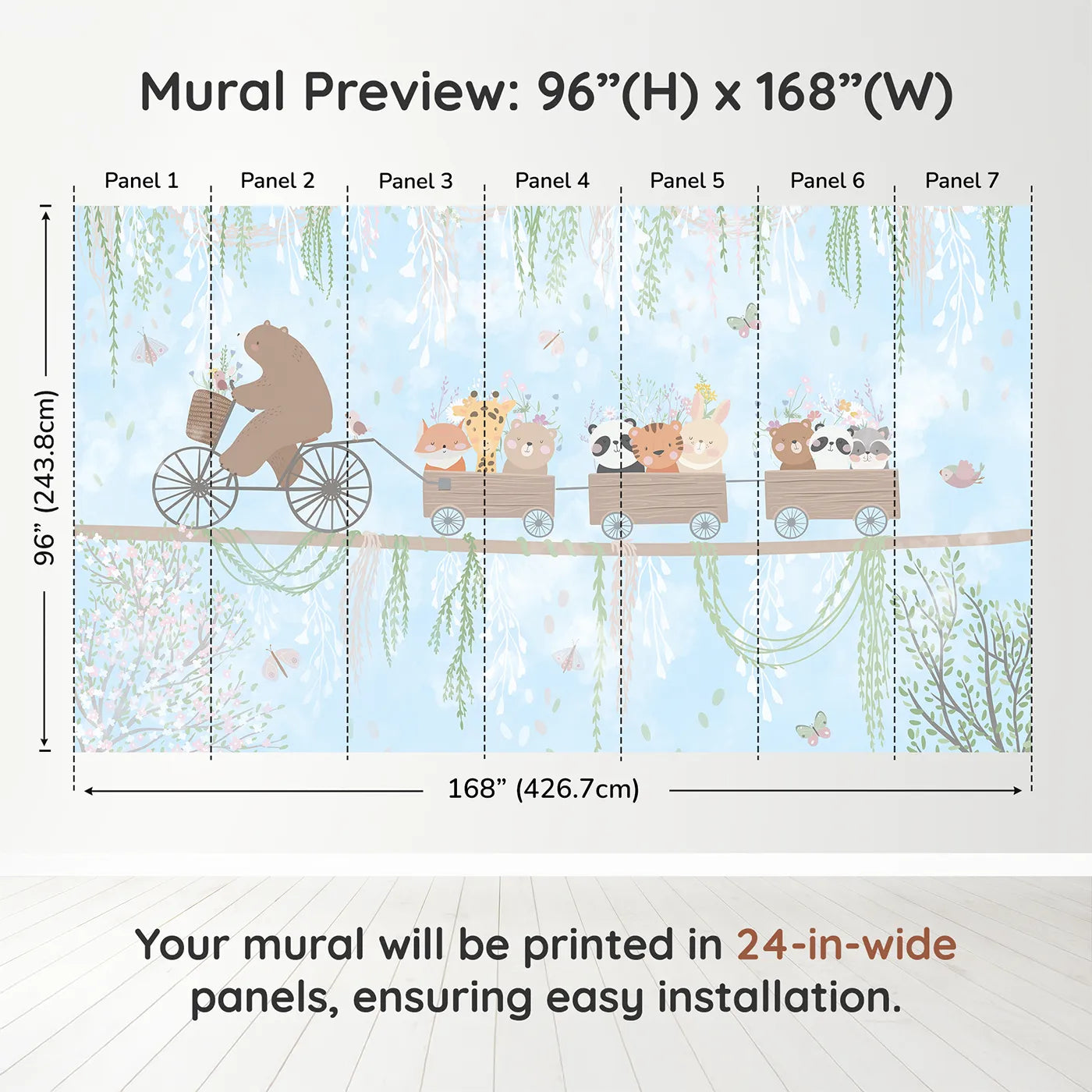 Whimsy Tots Animal Friendship Train Wall Muraldimension view (96" H x 168" W). Printed in seven 24-inch-wide panels. Gender-Neutral