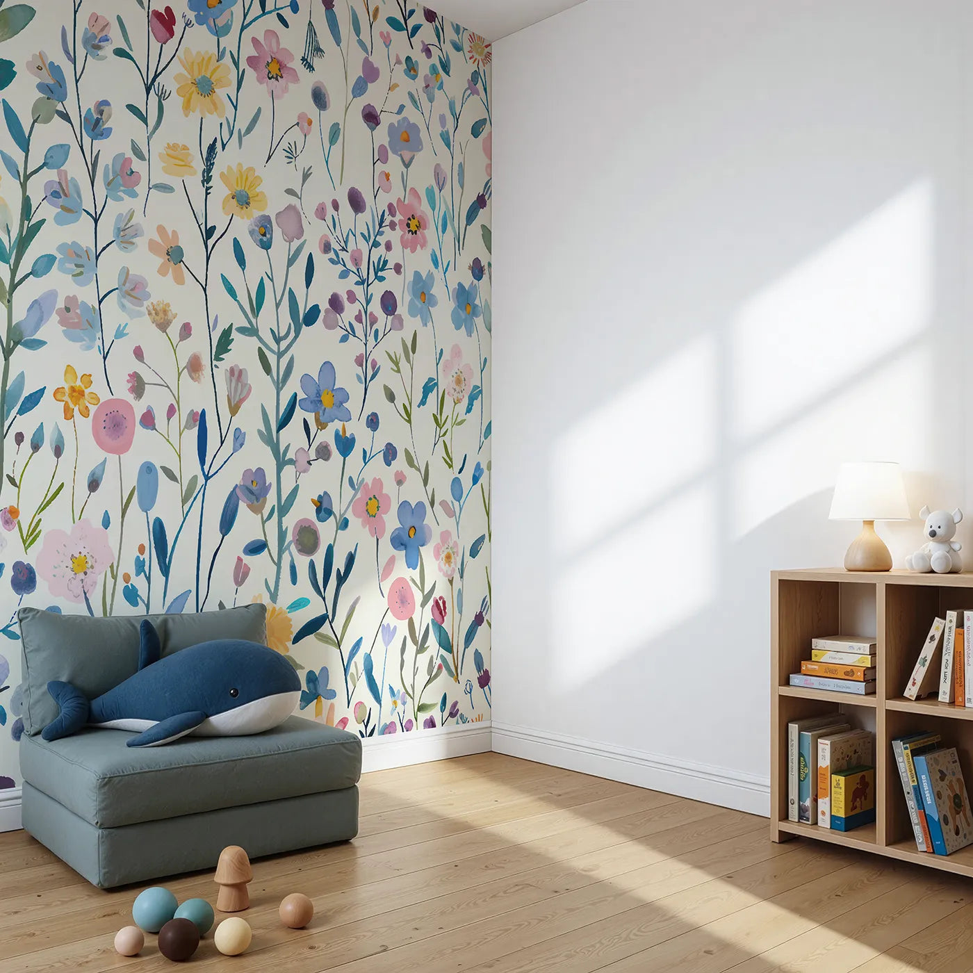 Angled view of Whimsy Tots' Pressed Wildflower Wall Mural (Turn Their Room into a Field of Delicate, Colorful Flowers).Gender-Neutral