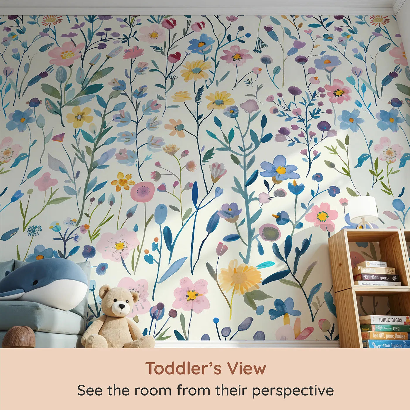 Whimsy Tots Pressed Wildflower Wall Mural (Turn Their Room into a Field of Delicate, Colorful Flowers) from your child's view.Gender-Neutral