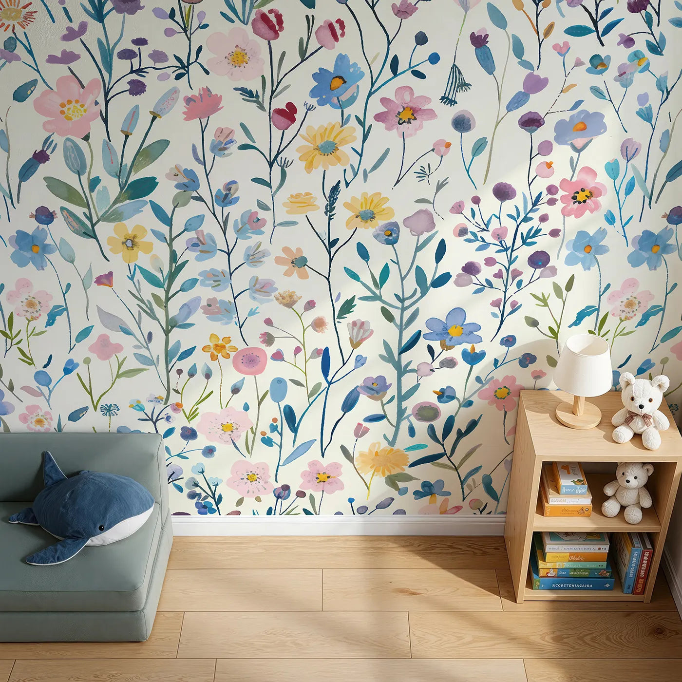 Top-down view of Whimsy Tots' Pressed Wildflower Wall Mural (Turn Their Room into a Field of Delicate, Colorful Flowers).Gender-Neutral