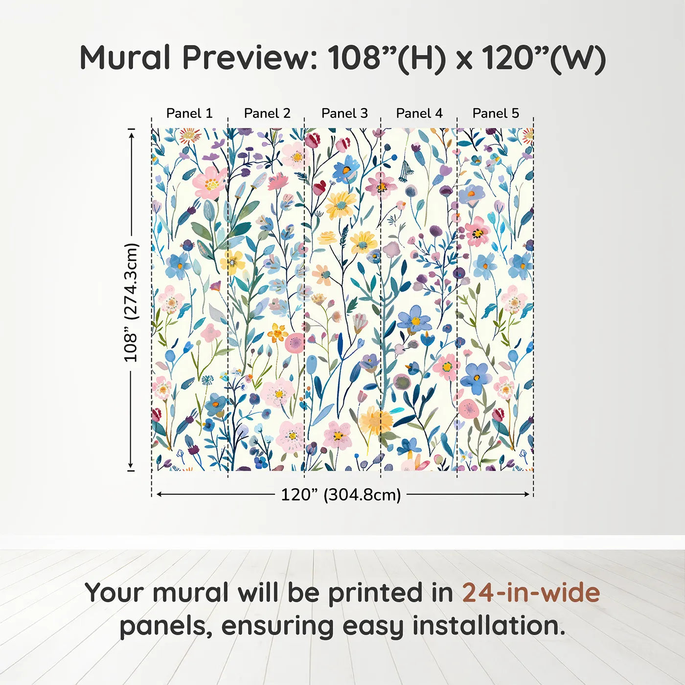 Whimsy Tots Pressed Wildflower Wall Muraldimension view (108" H x 120" W). Printed in five 24-inch-wide panels. Gender-Neutral