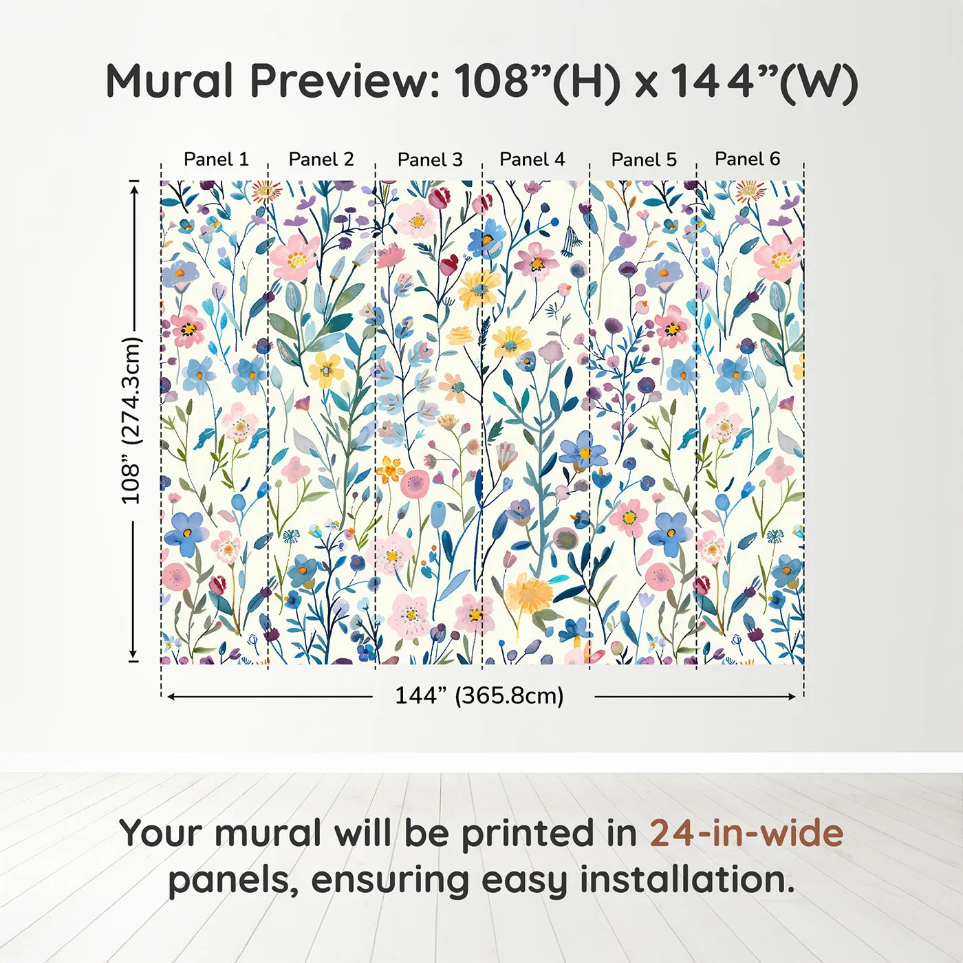 Whimsy Tots Pressed Wildflower Wall Muraldimension view (108" H x 144" W). Printed in six 24-inch-wide panels. Gender-Neutral