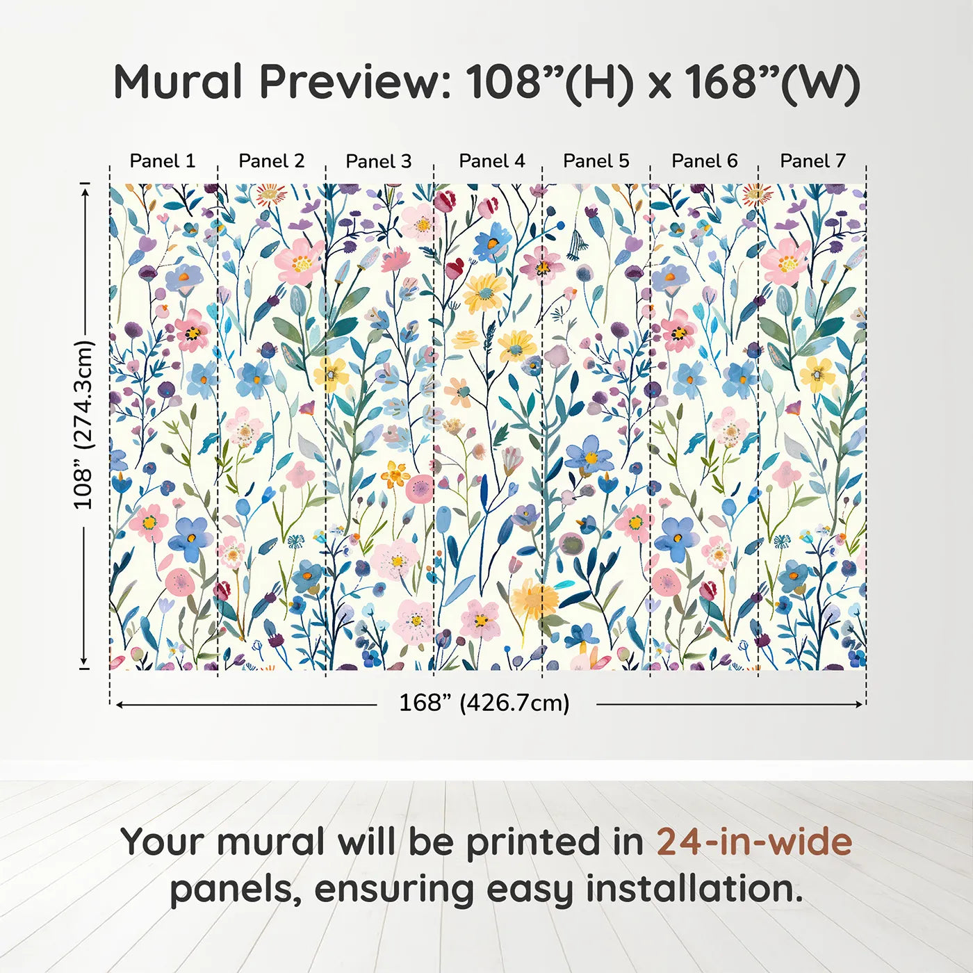 Whimsy Tots Pressed Wildflower Wall Muraldimension view (108" H x 168" W). Printed in seven 24-inch-wide panels. Gender-Neutral