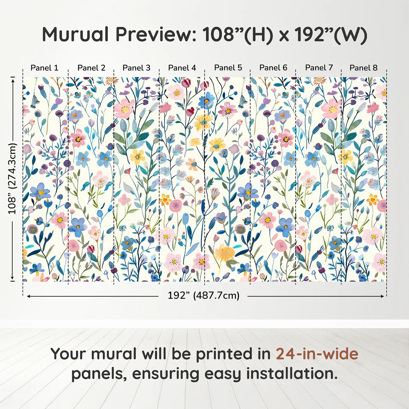 Whimsy Tots Pressed Wildflower Wall Muraldimension view (108" H x 192" W). Printed in eight 24-inch-wide panels. Gender-Neutral