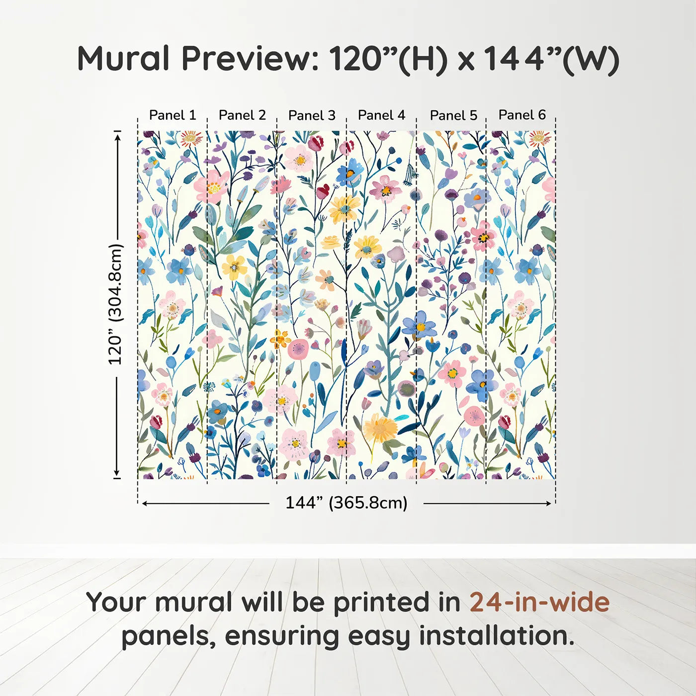 Whimsy Tots Pressed Wildflower Wall Muraldimension view (120" H x 144" W). Printed in six 24-inch-wide panels. Gender-Neutral