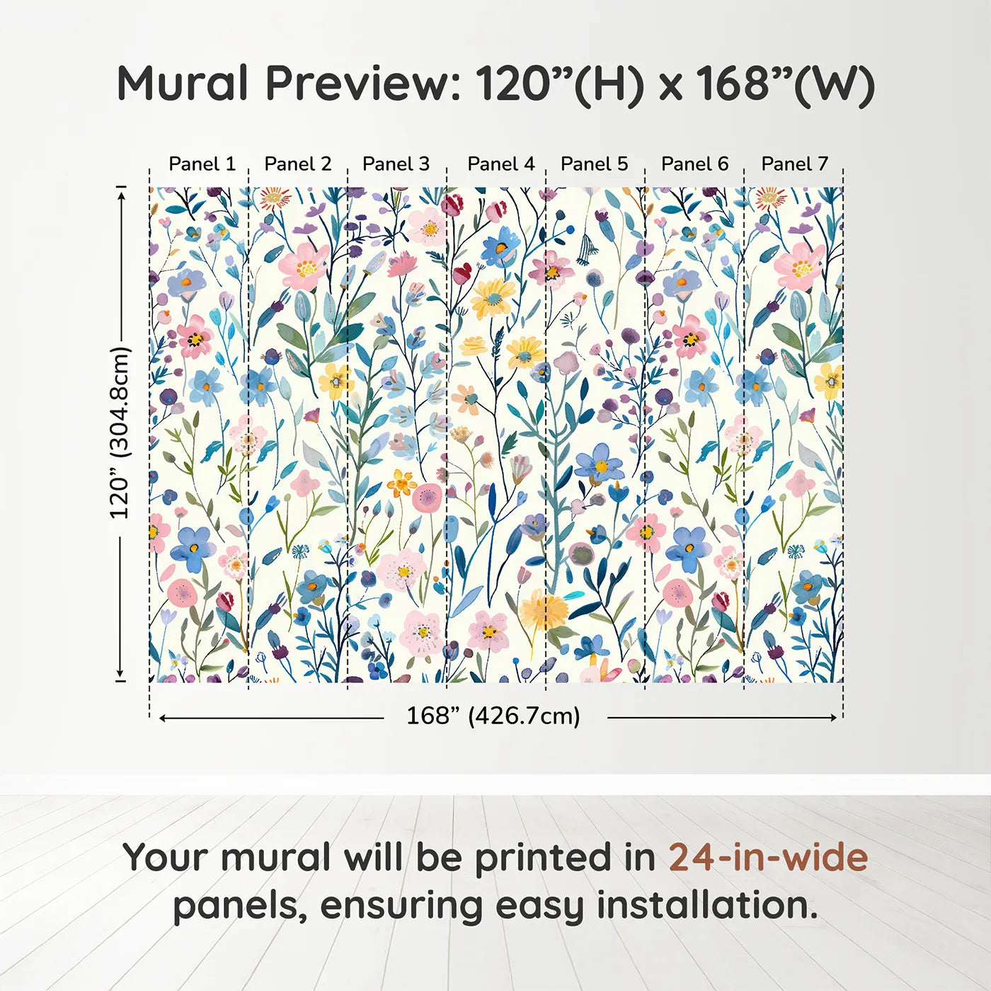Whimsy Tots Pressed Wildflower Wall Muraldimension view (120" H x 168" W). Printed in seven 24-inch-wide panels. Gender-Neutral