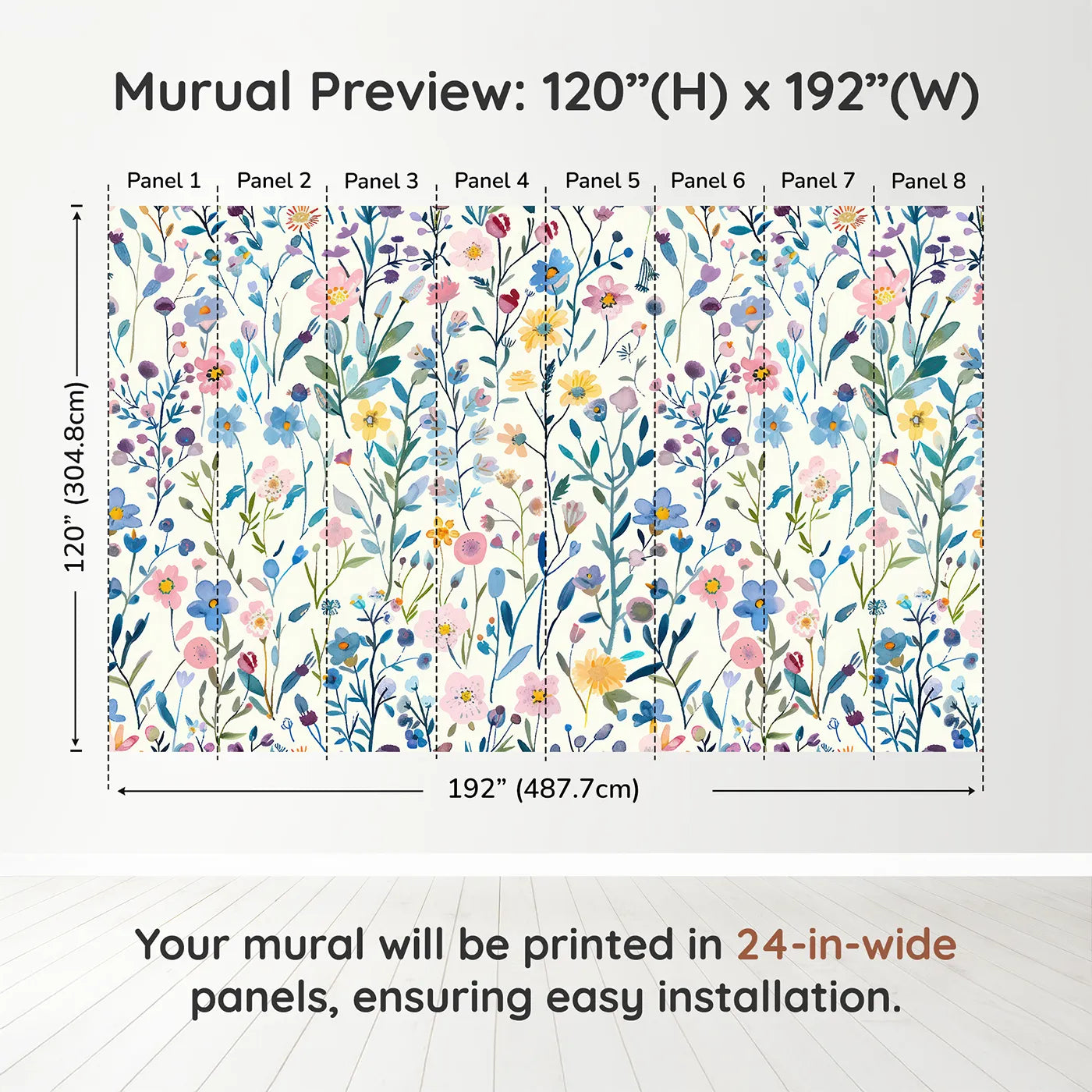 Whimsy Tots Pressed Wildflower Wall Muraldimension view (120" H x 192" W). Printed in eight 24-inch-wide panels. Gender-Neutral