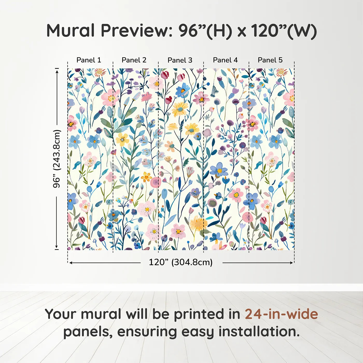 Whimsy Tots Pressed Wildflower Wall Muraldimension view (96" H x 120" W). Printed in five 24-inch-wide panels. Gender-Neutral