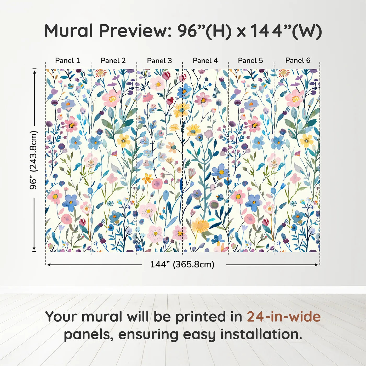 Whimsy Tots Pressed Wildflower Wall Muraldimension view (96" H x 144" W). Printed in six 24-inch-wide panels. Gender-Neutral