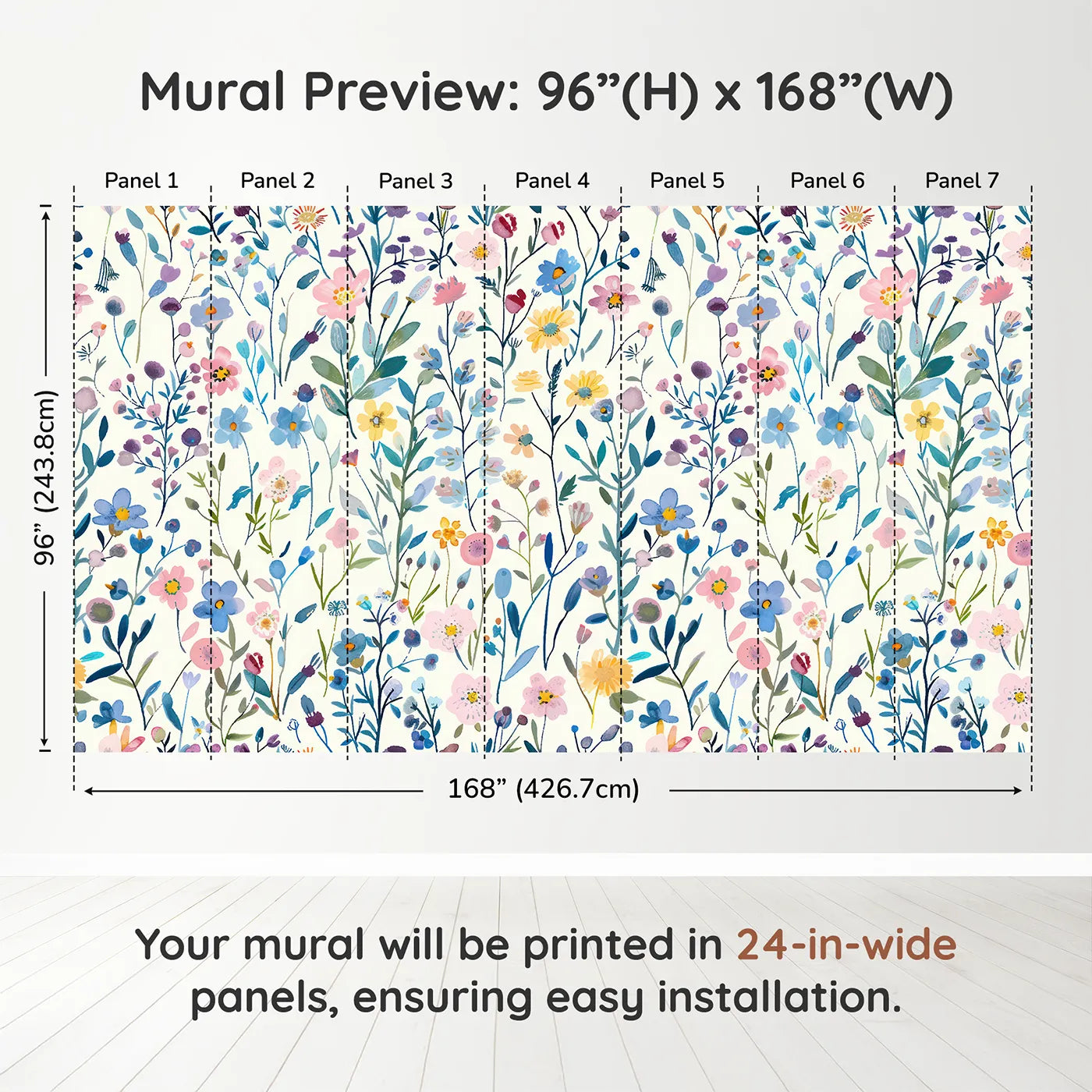 Whimsy Tots Pressed Wildflower Wall Muraldimension view (96" H x 168" W). Printed in seven 24-inch-wide panels. Gender-Neutral