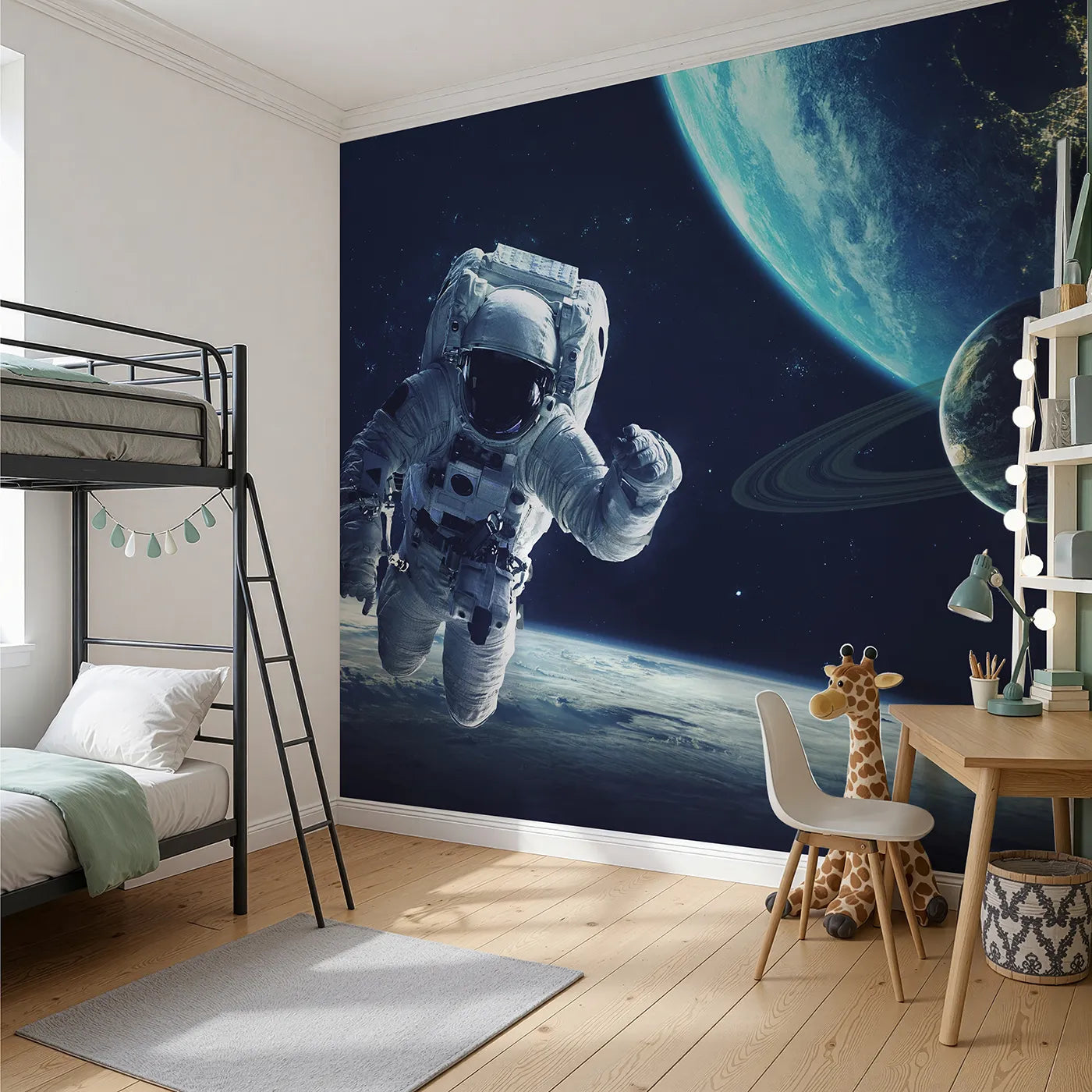 Angled view of Whimsy Tots' Astronaut and Planets Wall Mural (Turn Their Room into an Epic, Deep Space Mission).Gender-Neutral