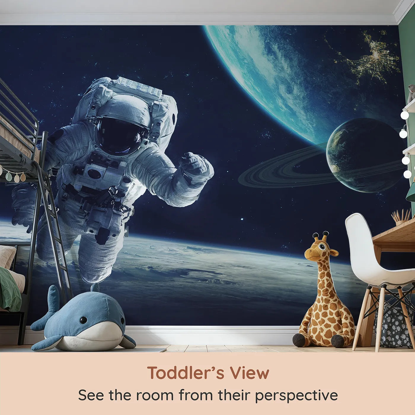 Whimsy Tots Astronaut and Planets Wall Mural (Turn Their Room into an Epic, Deep Space Mission) from your child's view.Gender-Neutral