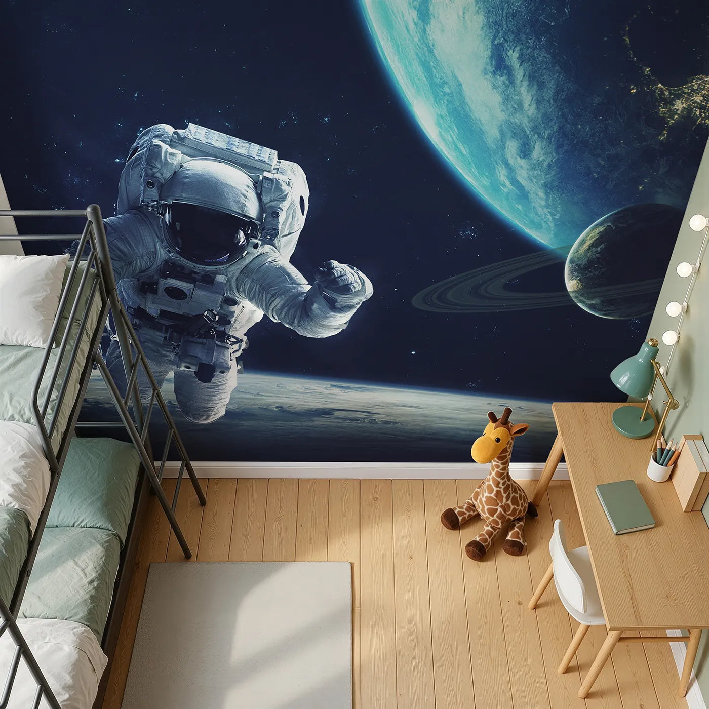 Top-down view of Whimsy Tots' Astronaut and Planets Wall Mural (Turn Their Room into an Epic, Deep Space Mission).Gender-Neutral