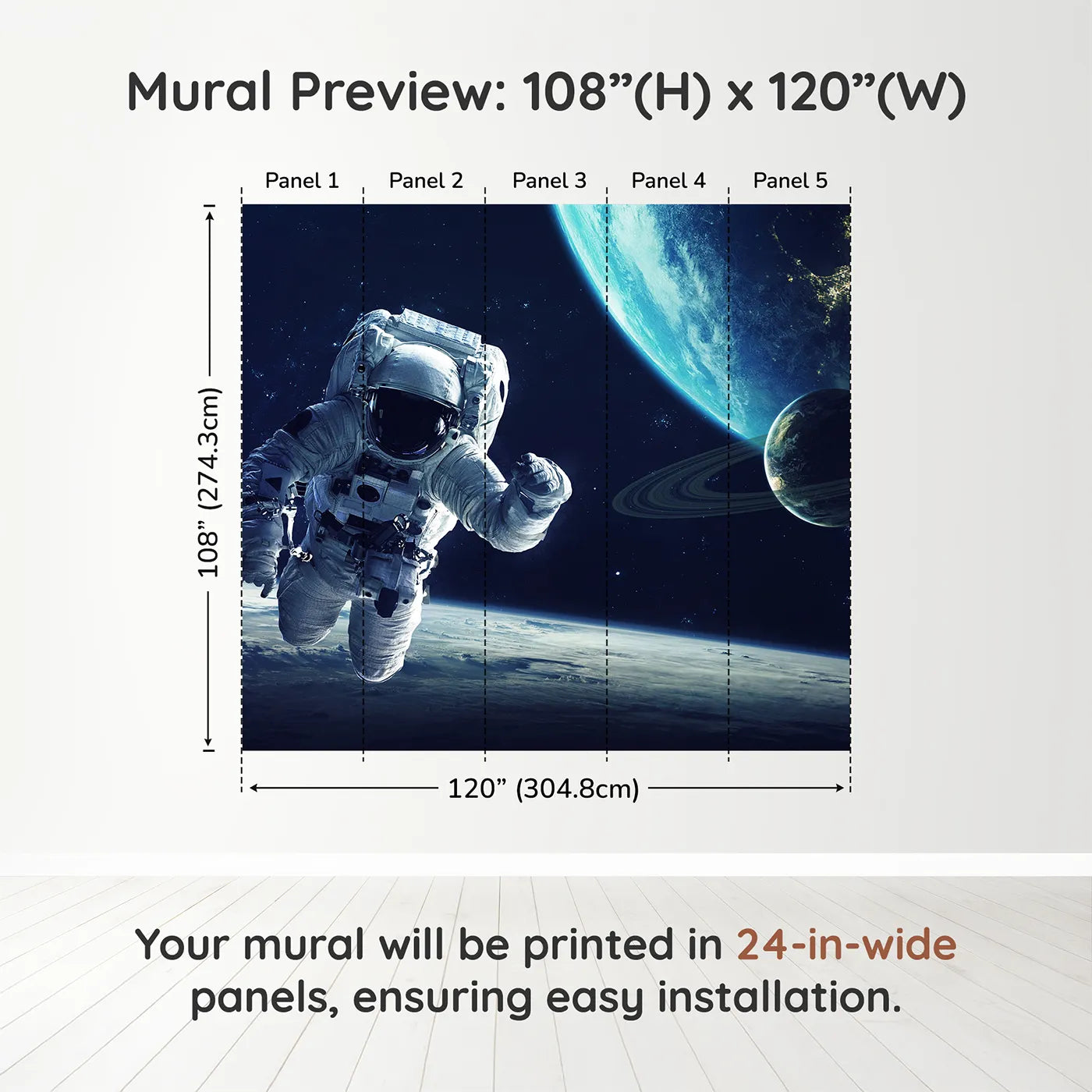 Whimsy Tots Astronaut and Planets Wall Muraldimension view (108" H x 120" W). Printed in five 24-inch-wide panels. Gender-Neutral