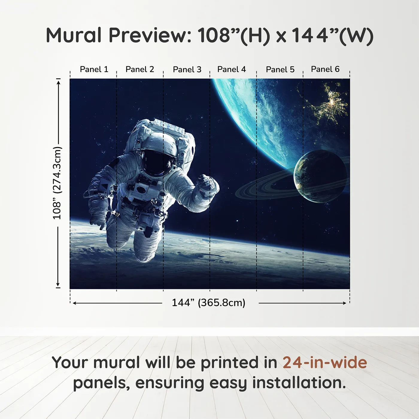 Whimsy Tots Astronaut and Planets Wall Muraldimension view (108" H x 144" W). Printed in six 24-inch-wide panels. Gender-Neutral