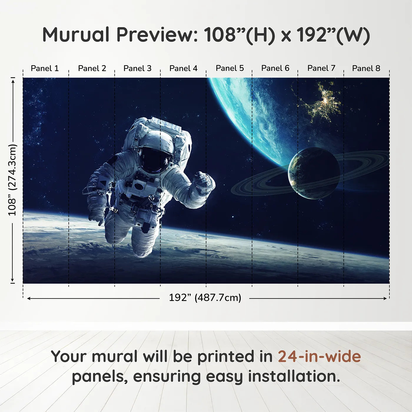 Whimsy Tots Astronaut and Planets Wall Muraldimension view (108" H x 192" W). Printed in eight 24-inch-wide panels. Gender-Neutral