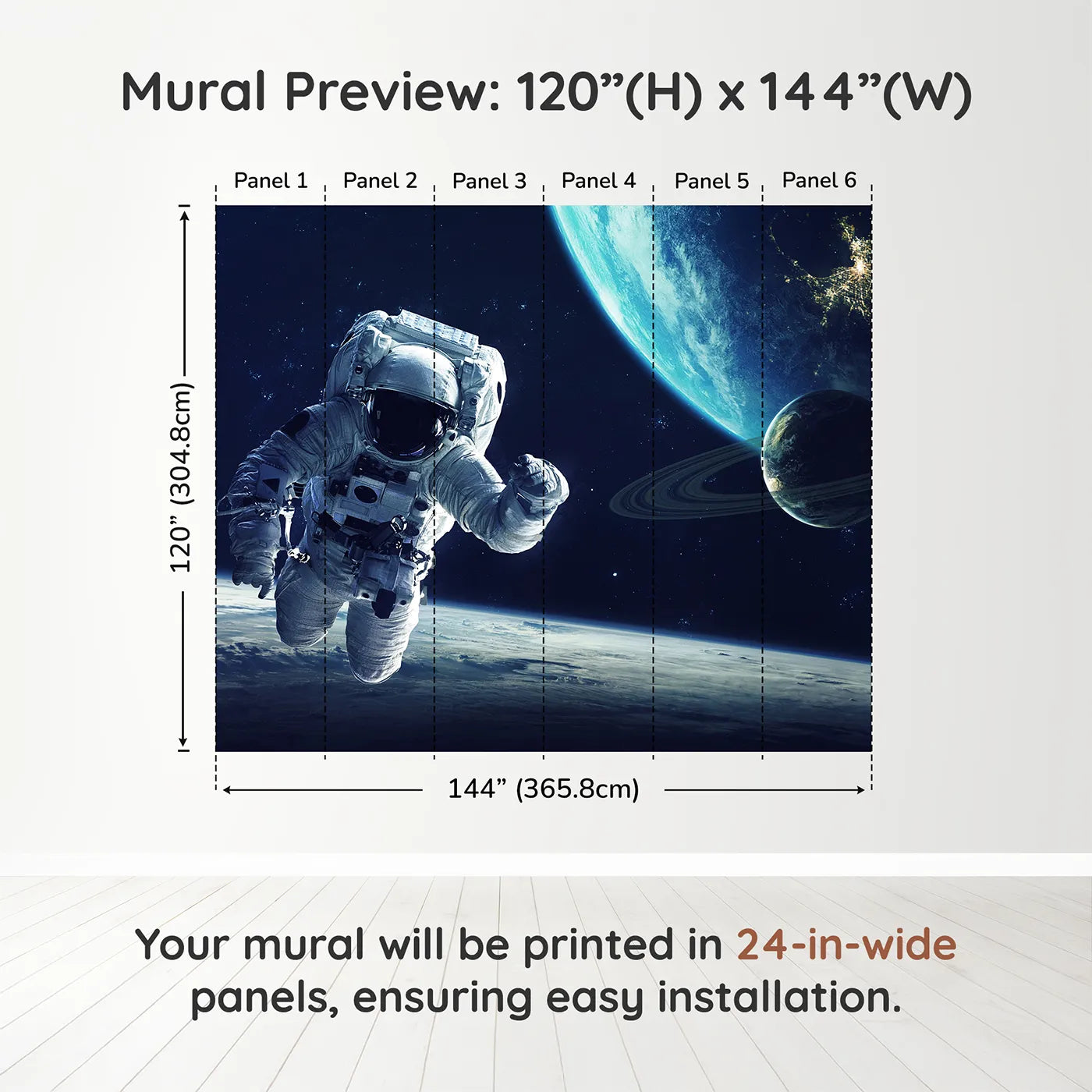 Whimsy Tots Astronaut and Planets Wall Muraldimension view (120" H x 144" W). Printed in six 24-inch-wide panels. Gender-Neutral