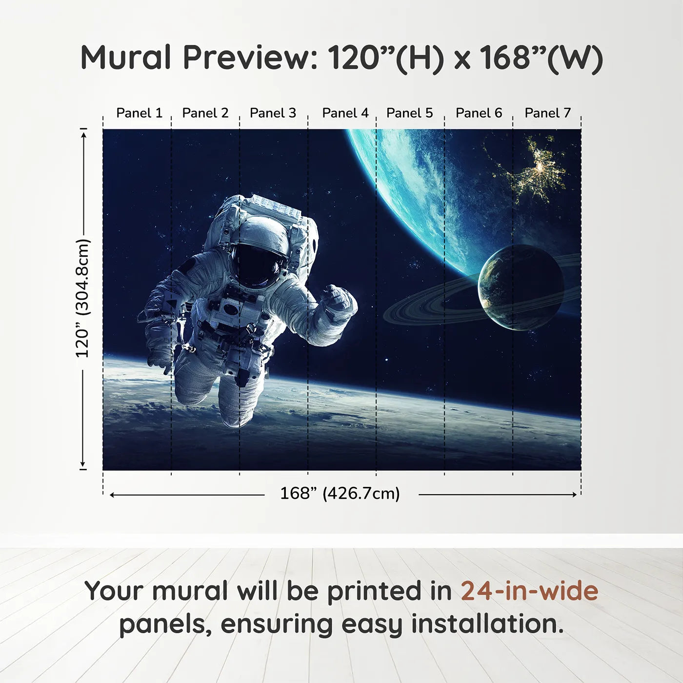 Whimsy Tots Astronaut and Planets Wall Muraldimension view (120" H x 168" W). Printed in seven 24-inch-wide panels. Gender-Neutral