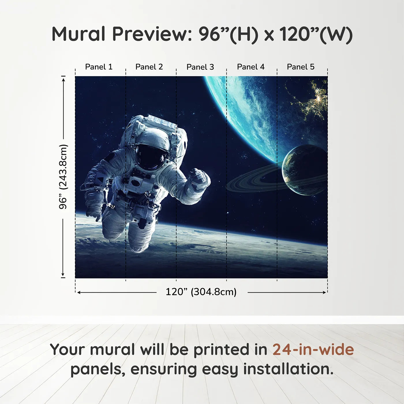 Whimsy Tots Astronaut and Planets Wall Muraldimension view (96" H x 120" W). Printed in five 24-inch-wide panels. Gender-Neutral