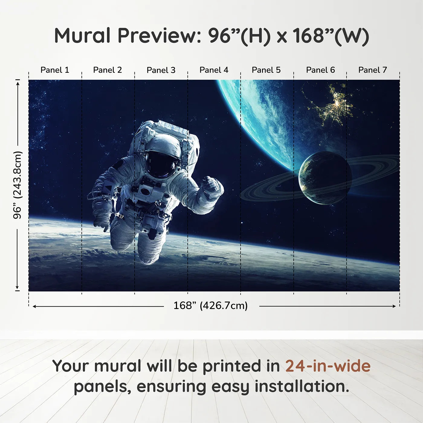 Whimsy Tots Astronaut and Planets Wall Muraldimension view (96" H x 168" W). Printed in seven 24-inch-wide panels. Gender-Neutral