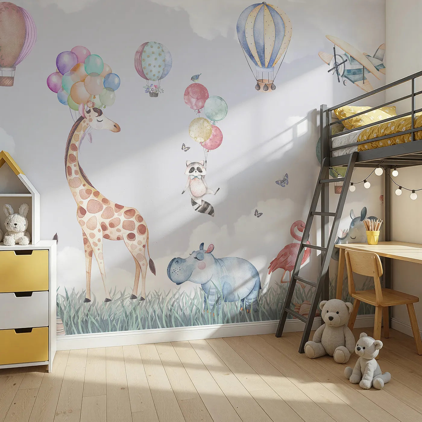 Angled view of Whimsy Tots' Safari Sky Parade Wall Mural (Turn Their Room into a Whimsical, High-Flying Adventure).Gender-Neutral