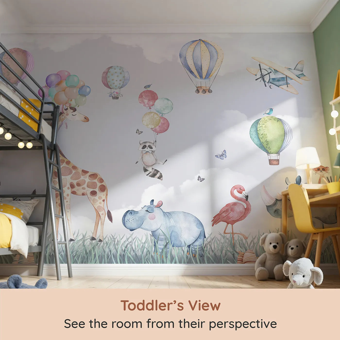 Whimsy Tots Safari Sky Parade Wall Mural (Turn Their Room into a Whimsical, High-Flying Adventure) from your child's view.Gender-Neutral
