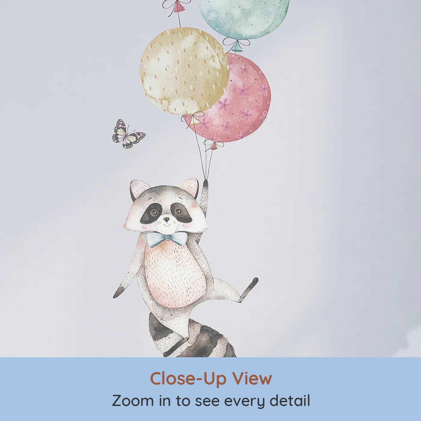 Close-up view of Whimsy Tots' Safari Sky Parade Wall Mural (Turn Their Room into a Whimsical, High-Flying Adventure).Gender-Neutral