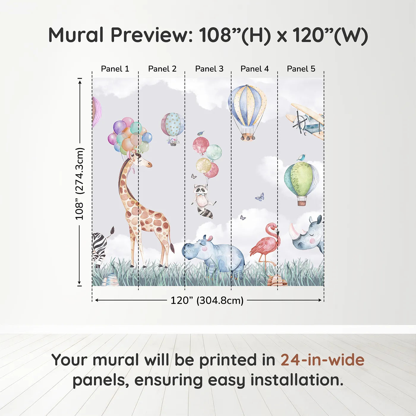 Whimsy Tots Safari Sky Parade Wall Muraldimension view (108" H x 120" W). Printed in five 24-inch-wide panels. Gender-Neutral
